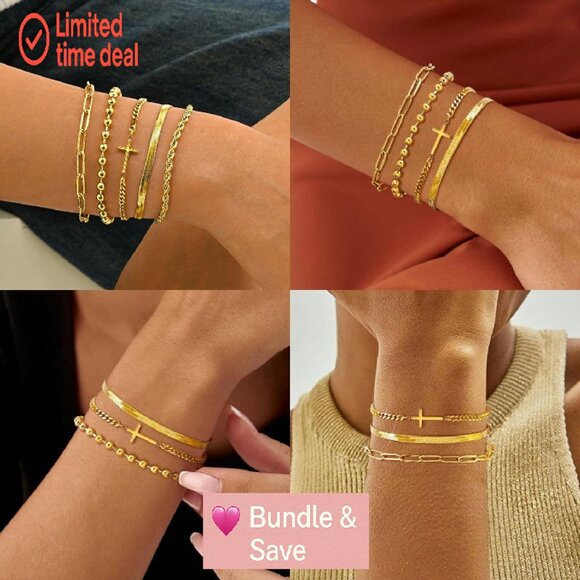 14k Gold Plated Snake Cuban Link Bracelet Set Stackable Christian Jewelry - Picture 3 of 8